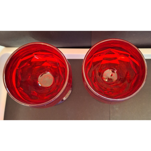 Two Vintage Viking Georgian Ruby Red Wine Glasses Thumbprint Honeycomb - Picture 2 of 3